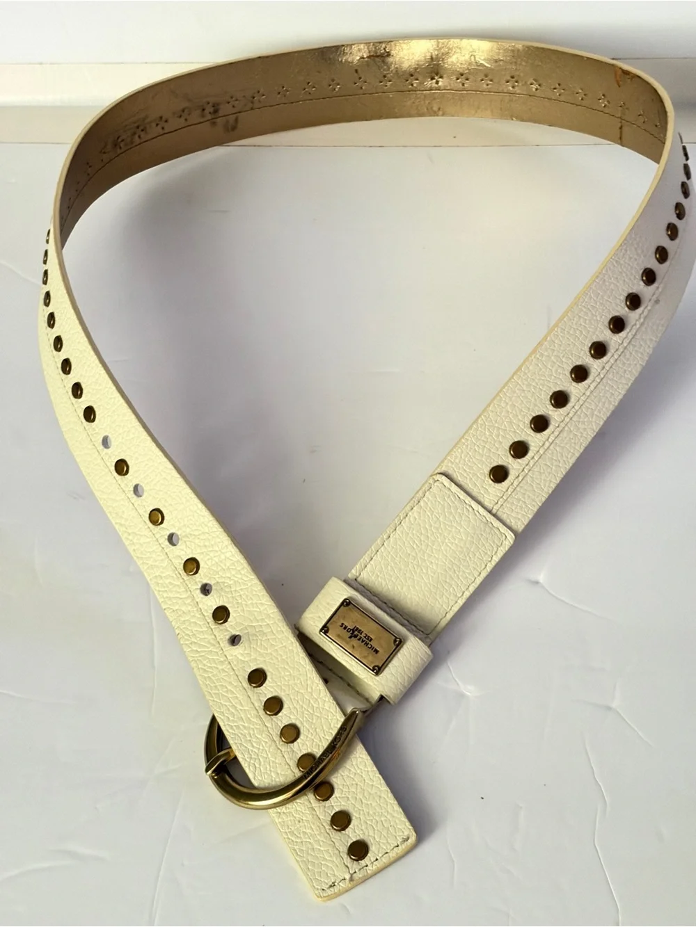 Michael Kors Cream Leather Studded Belt Antique Brass Plaque Medium M Boho Chic